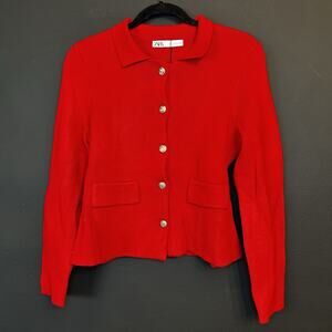 Zara Red Smooth Knit Cardigan Sweater Size Medium New with Tags